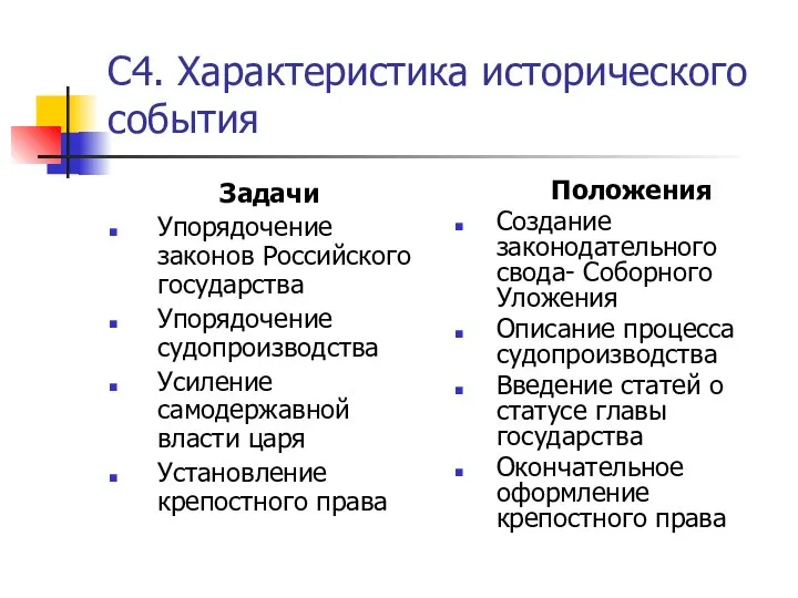 С4. Характеристика исторического события Задачи Упорядочение законов Российского государства Упорядочение судопроизводства