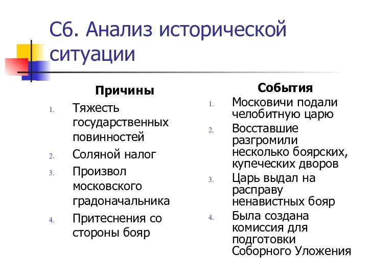 С6. Анализ исторической ситуации Причины Тяжесть государственных повинностей Соляной налог Произвол