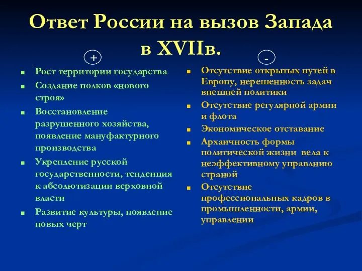 Ответ России на вызов Запада в XVIIв. Рост территории государства Создание