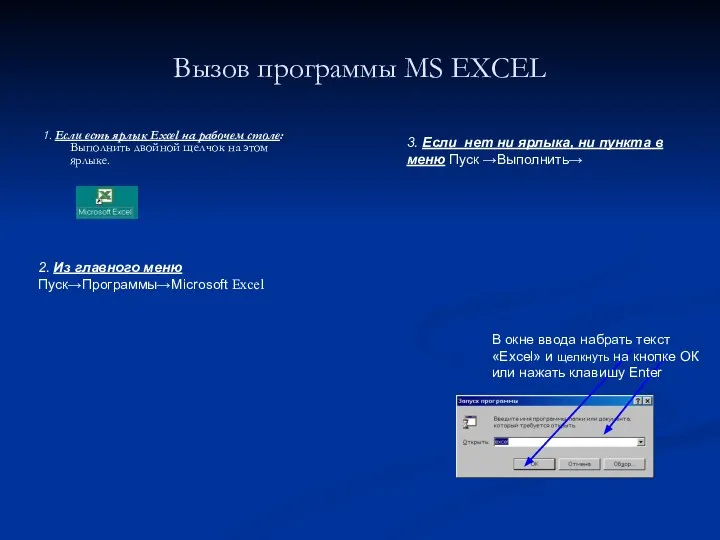 Вызов программы MS EXCEL 1. Если есть ярлык Excel на рабочем