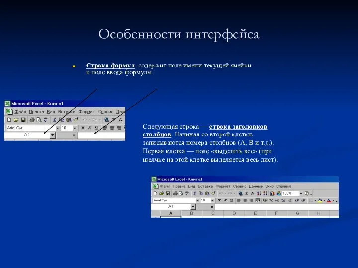 Особенности интерфейса Строка формул, содержит поле имени текущей ячейки и поле