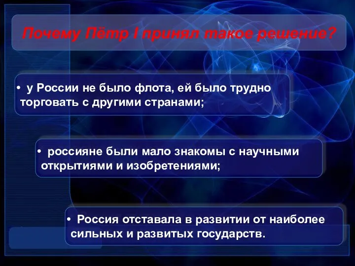 Почему Пётр I принял такое решение? у России не было флота,