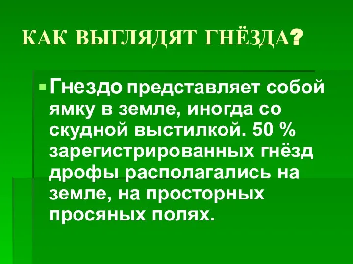 КАК ВЫГЛЯДЯТ ГНЁЗДА? Гнездо представляет собой ямку в земле, иногда со