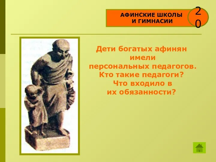 АФИНСКИЕ ШКОЛЫ И ГИМНАСИИ 20 Дети богатых афинян имели персональных педагогов.