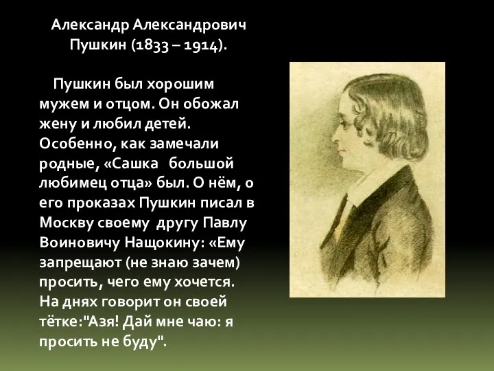 Александр Александрович Пушкин (1833 – 1914). Пушкин был хорошим мужем и