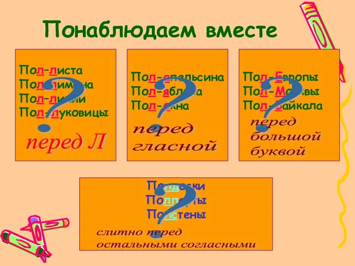 Понаблюдаем вместе Пол–листа Пол–лимона Пол–линии Пол-луковицы Пол-апельсина Пол-яблока Пол-окна Пол-Европы Пол-Москвы