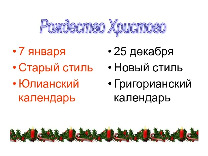 7 января Старый стиль Юлианский календарь 25 декабря Новый стиль Григорианский календарь Рождество Христово