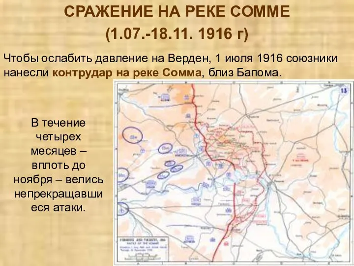 СРАЖЕНИЕ НА РЕКЕ СОММЕ (1.07.-18.11. 1916 г) Чтобы ослабить давление на