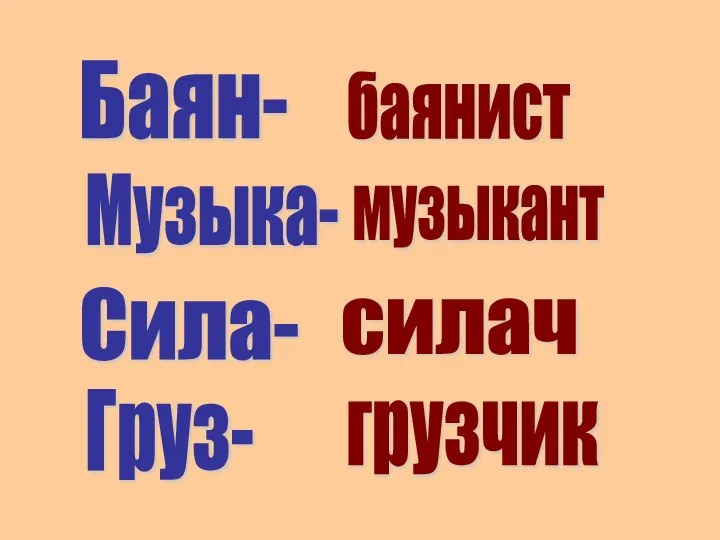 Баян- баянист Музыка- музыкант силач Сила- Груз- грузчик