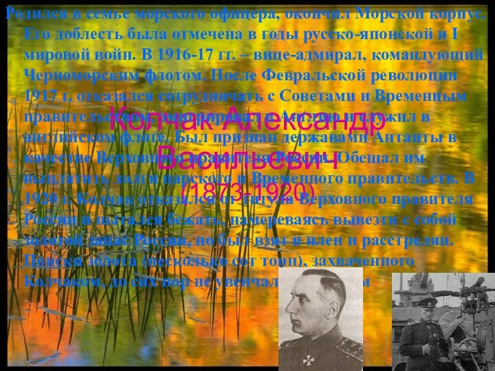 Колчак Александр Васильевич (1873-1920) Родился в семье морского офицера, окончил Морской