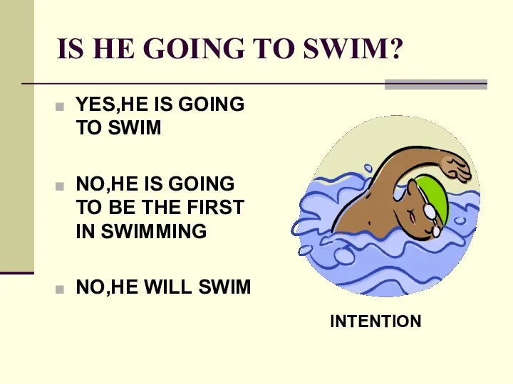 IS HE GOING TO SWIM? YES,HE IS GOING TO SWIM NO,HE