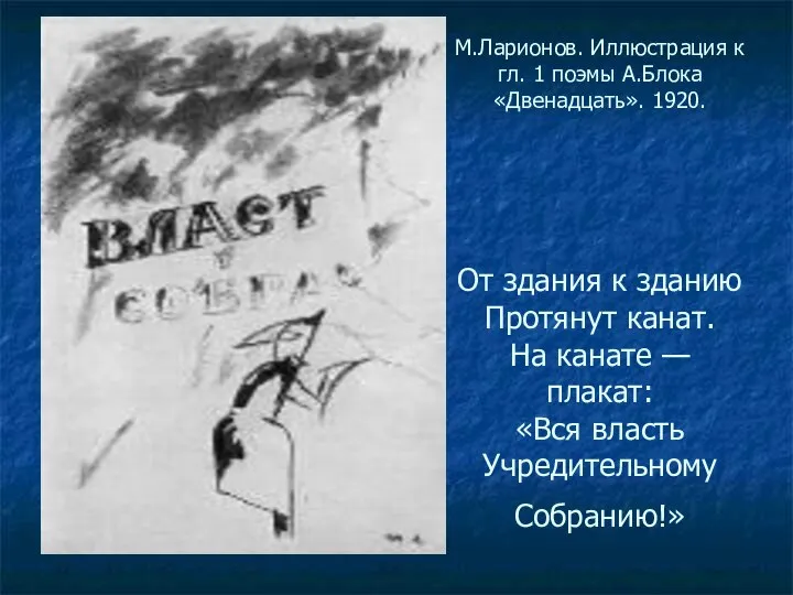 М.Ларионов. Иллюстрация к гл. 1 поэмы А.Блока «Двенадцать». 1920. От здания