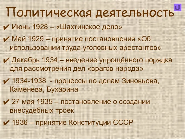 Политическая деятельность Июнь 1928 – «Шахтинское дело» Май 1929 – принятие