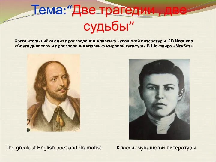 Тема:“Две трагедии , две судьбы” К.В.Иванов The greatest English poet and