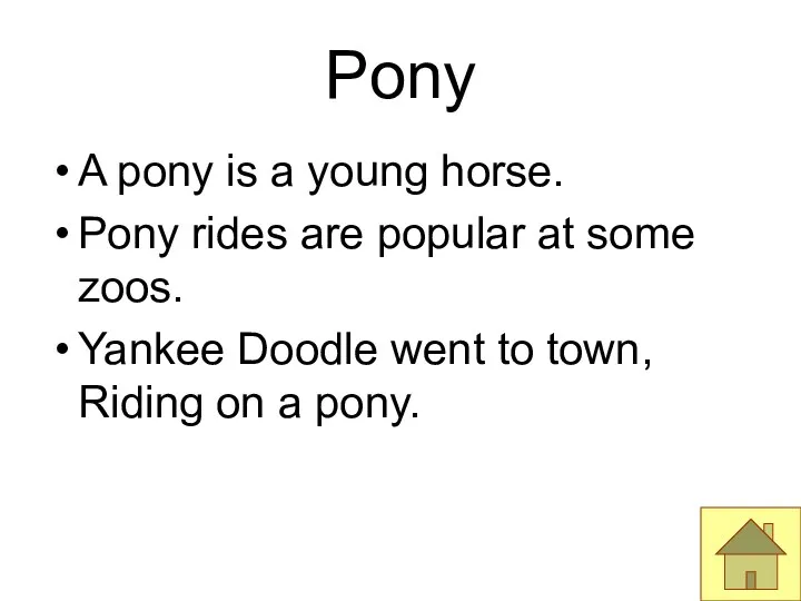 Pony A pony is a young horse. Pony rides are popular