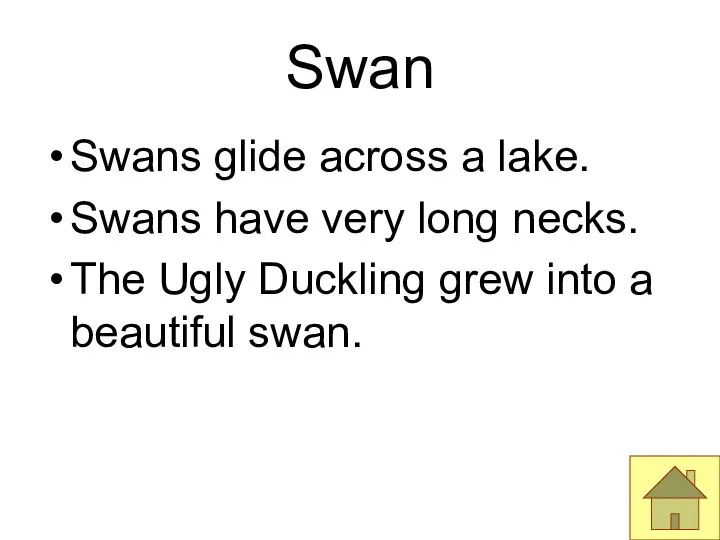 Swan Swans glide across a lake. Swans have very long necks.