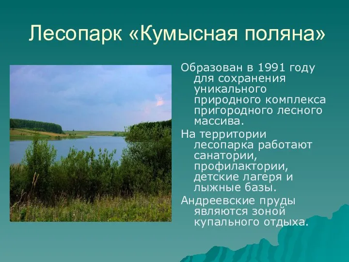 Лесопарк «Кумысная поляна» Образован в 1991 году для сохранения уникального природного