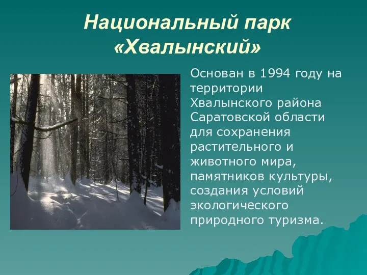 Национальный парк «Хвалынский» Основан в 1994 году на территории Хвалынского района