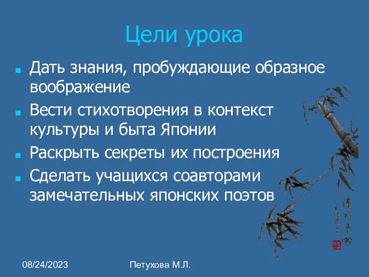 08/24/2023 Петухова М.Л. Цели урока Дать знания, пробуждающие образное воображение Вести