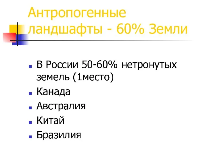 Антропогенные ландшафты - 60% Земли В России 50-60% нетронутых земель (1место) Канада Австралия Китай Бразилия