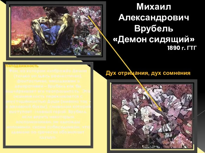 Михаил Александрович Врубель «Демон сидящий» 1890 г. ГТГ Неподвижность Фон, на