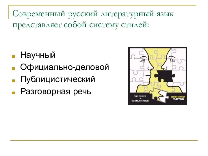 Современный русский литературный язык представляет собой систему стилей: Научный Официально-деловой Публицистический Разговорная речь