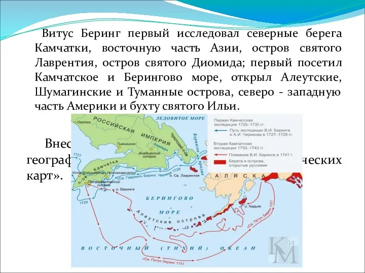 Витус Беринг первый исследовал северные берега Камчатки, восточную часть Азии, остров