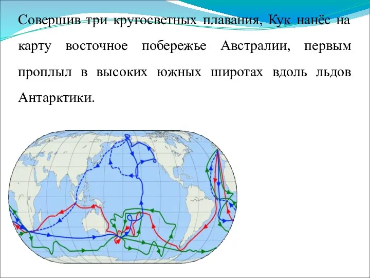 Совершив три кругосветных плавания, Кук нанёс на карту восточное побережье Австралии,