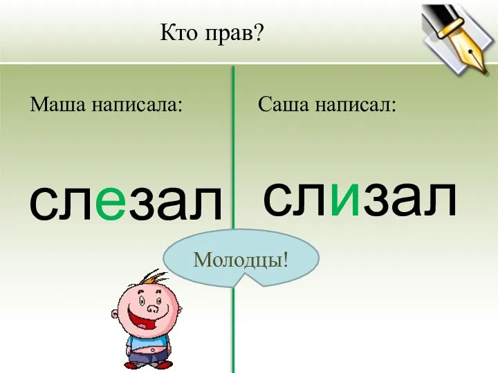 Кто прав? Маша написала: слезал Саша написал: слизал Молодцы!