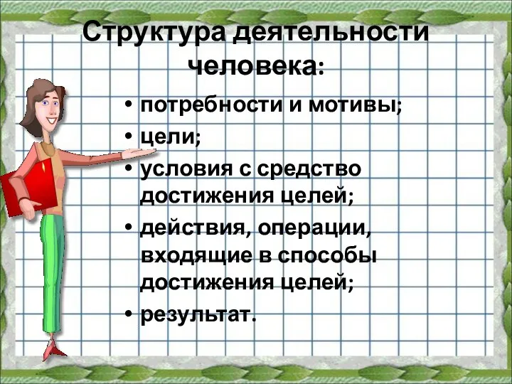 Структура деятельности человека: потребности и мотивы; цели; условия с средство достижения