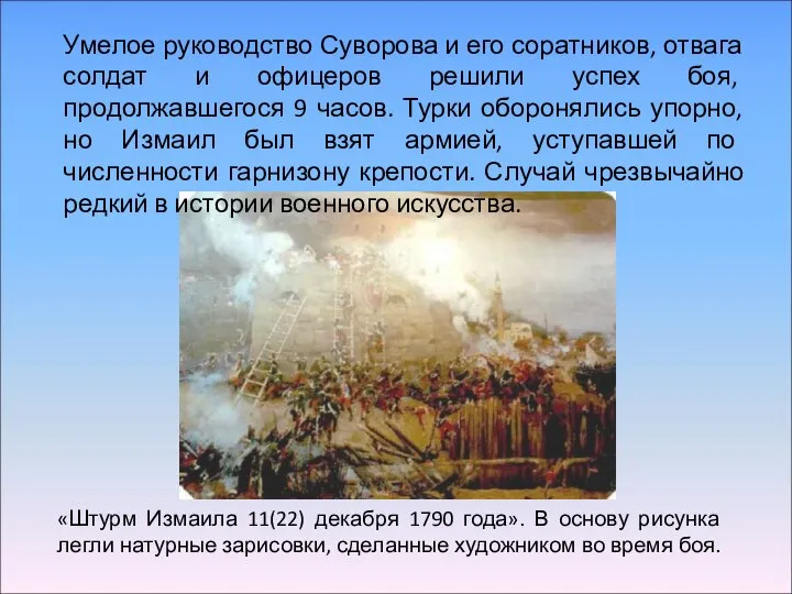 «Штурм Измаила 11(22) декабря 1790 года». В основу рисунка легли натурные