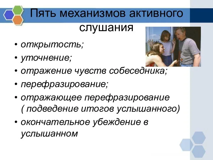 Пять механизмов активного слушания открытость; уточнение; отражение чувств собеседника; перефразирование; отражающее