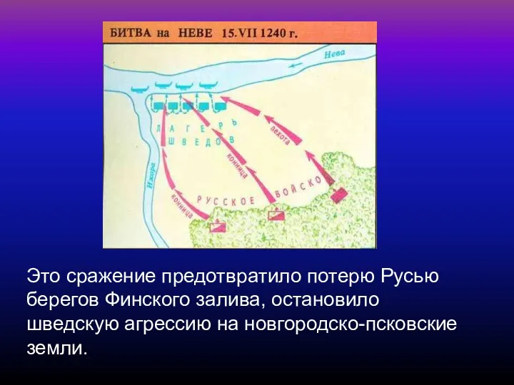 Это сражение предотвратило потерю Русью берегов Финского залива, остановило шведскую агрессию на новгородско-псковские земли.