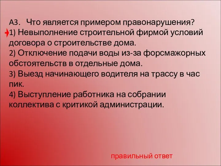 A3. Что является примером правонарушения? 1) Невыполнение строительной фирмой условий договора