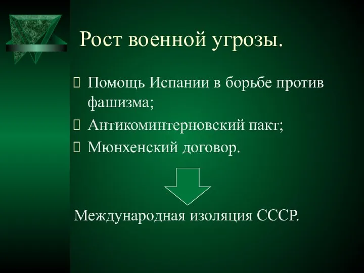 Рост военной угрозы. Помощь Испании в борьбе против фашизма; Антикоминтерновский пакт; Мюнхенский договор. Международная изоляция СССР.