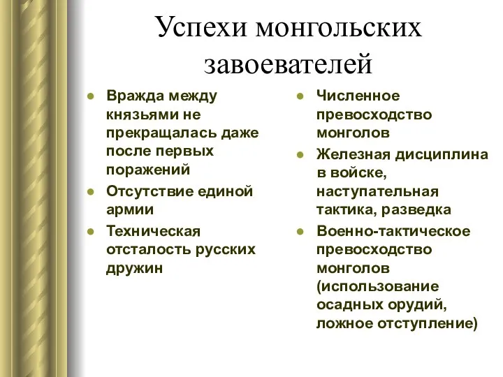 Успехи монгольских завоевателей Вражда между князьями не прекращалась даже после первых