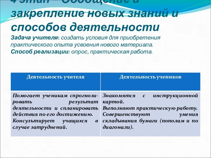 4 этап – Обобщение и закрепление новых знаний и способов деятельности