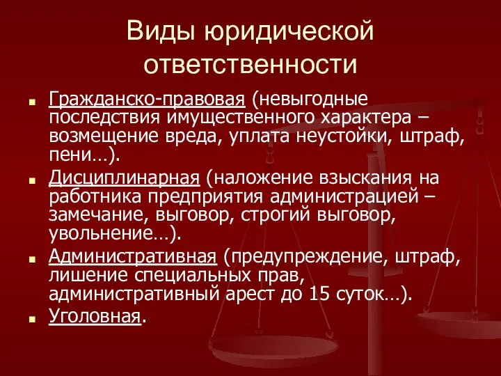 Виды юридической ответственности Гражданско-правовая (невыгодные последствия имущественного характера – возмещение вреда,