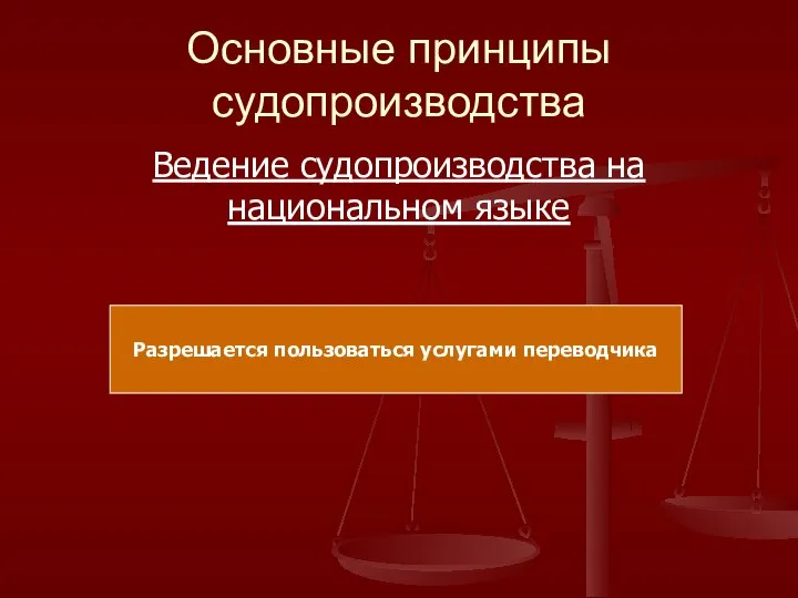 Основные принципы судопроизводства Ведение судопроизводства на национальном языке Разрешается пользоваться услугами переводчика