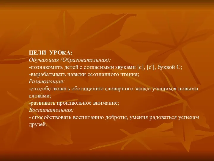 ЦЕЛИ УРОКА: Обучающая (Образовательная): -познакомить детей с согласными звуками [c], [c'],