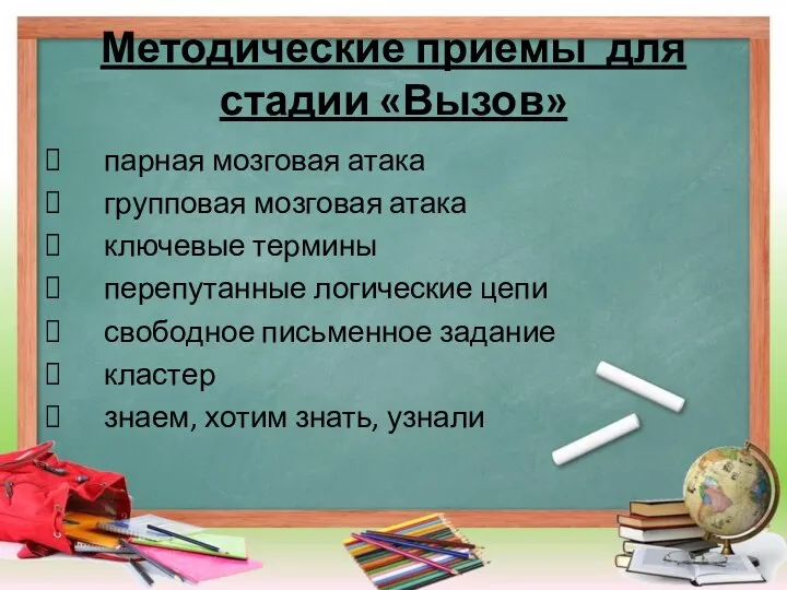 Методические приемы для стадии «Вызов» парная мозговая атака групповая мозговая атака