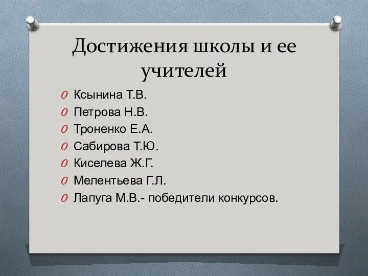 Достижения школы и ее учителей Ксынина Т.В. Петрова Н.В. Троненко Е.А.