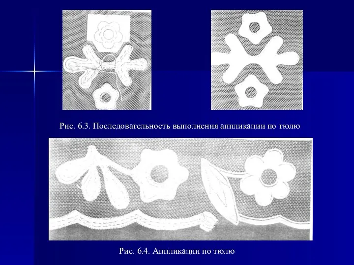 Рис. 6.3. Последовательность выполнения аппликации по тюлю Рис. 6.4. Аппликации по тюлю