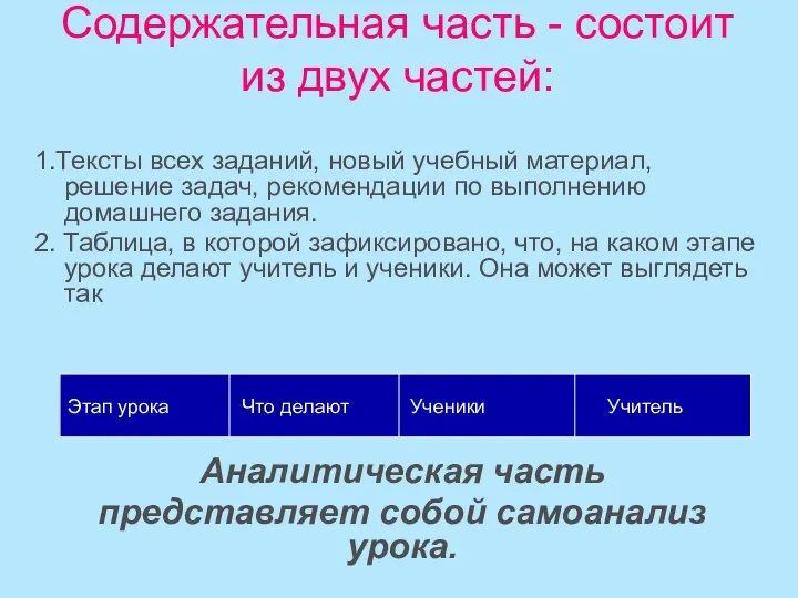 Содержательная часть - состоит из двух частей: 1.Тексты всех заданий, новый