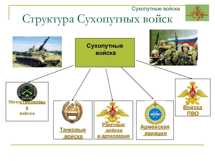 Структура Сухопутных войск Сухопутные войска Сухопутные войска Мотострелковые войска Танковые войска