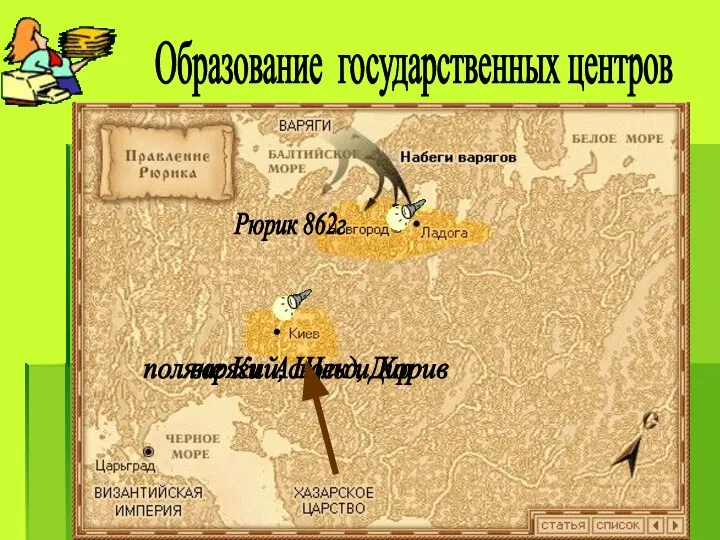 Образование государственных центров Рюрик 862г поляне Кий, Щек и Хорив варяги Аскольд, Дир