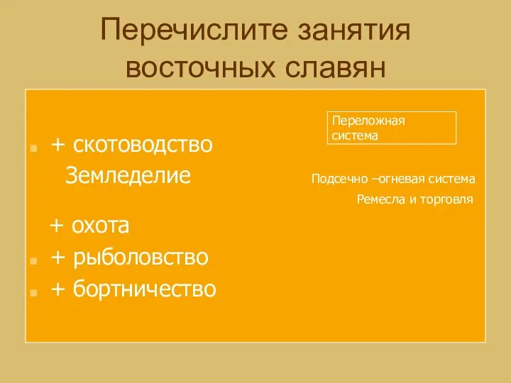 Перечислите занятия восточных славян + скотоводство Земледелие Подсечно –огневая система Ремесла