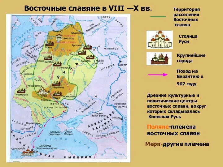 Территория расселения Восточных славян Столица Руси Крупнейшие города Поход на Византию