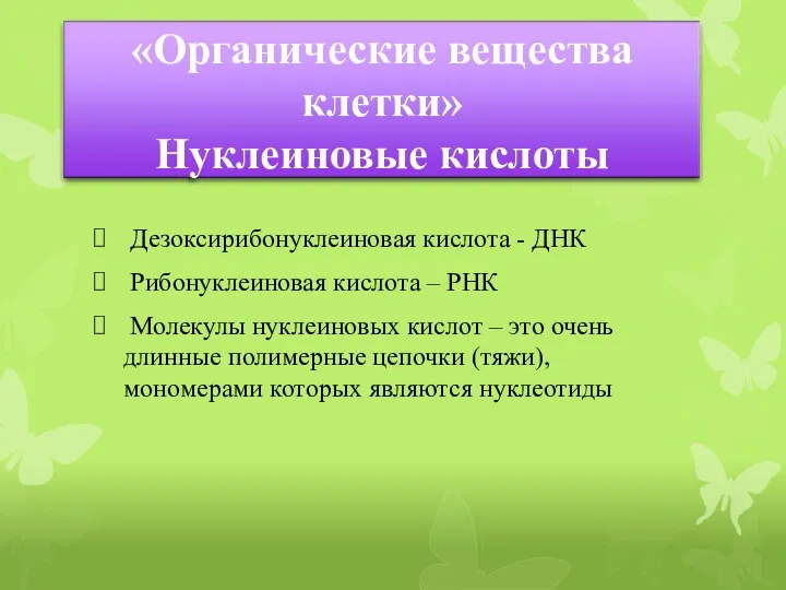 Дезоксирибонуклеиновая кислота - ДНК Рибонуклеиновая кислота – РНК Молекулы нуклеиновых кислот