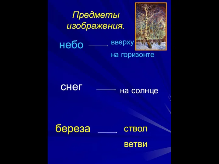 небо cнег береза вверху на горизонте на солнце ствол ветви Предметы изображения.